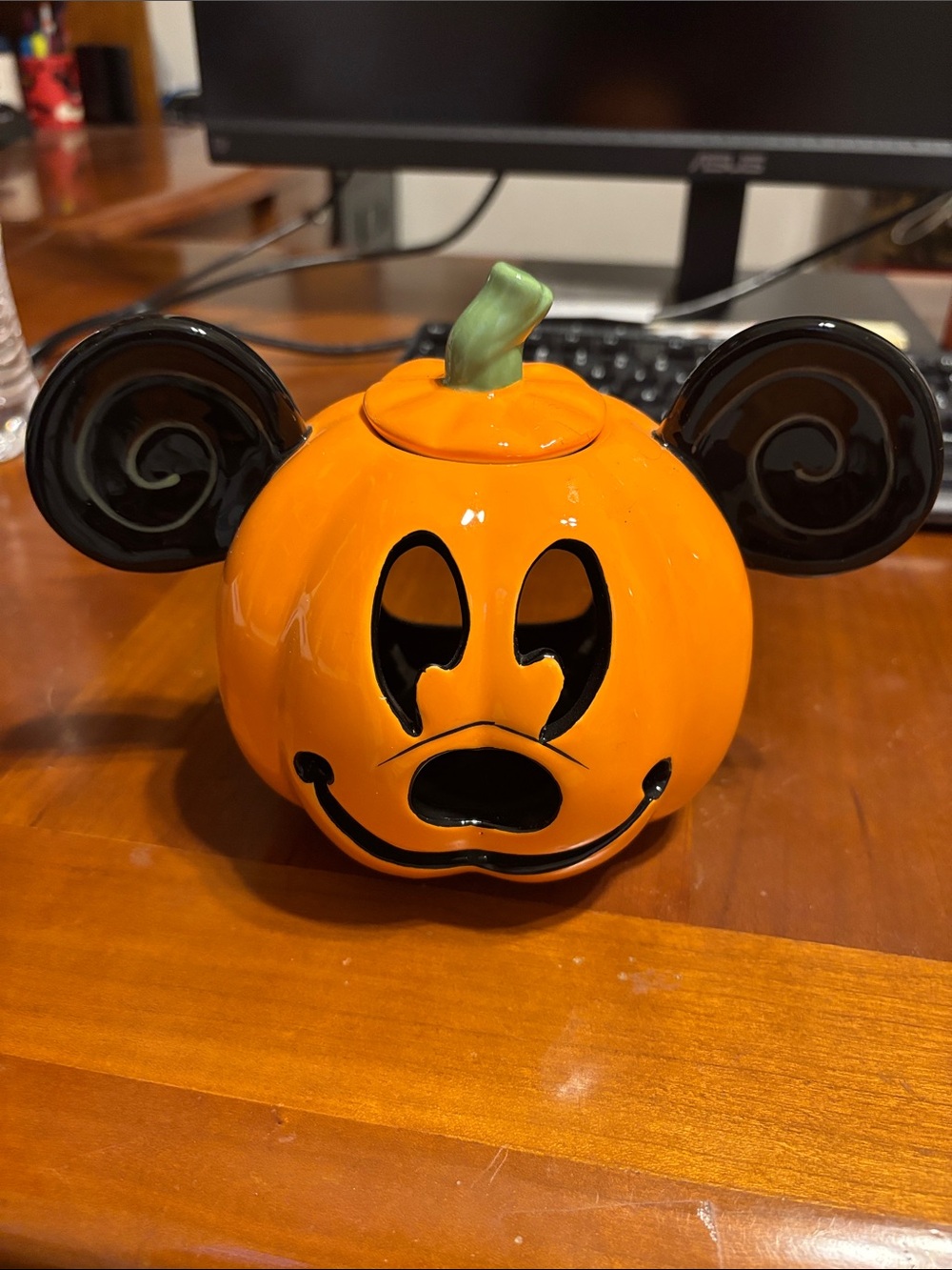 Disney Orange Pumpkin Tea-light with Black Ear Accents and Green Stem